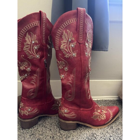 🆕Womens Red Faux Leather Knee High Cowboy Chunky Heel Tall Western Boots - Picture 1 of 7